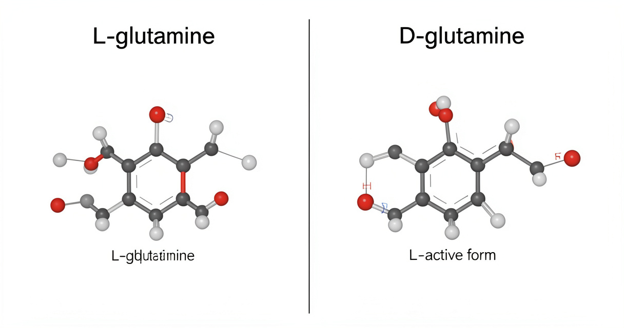 Comparación molecular entre L-glutamina y D-glutamina, mostrando la forma activa para la salud