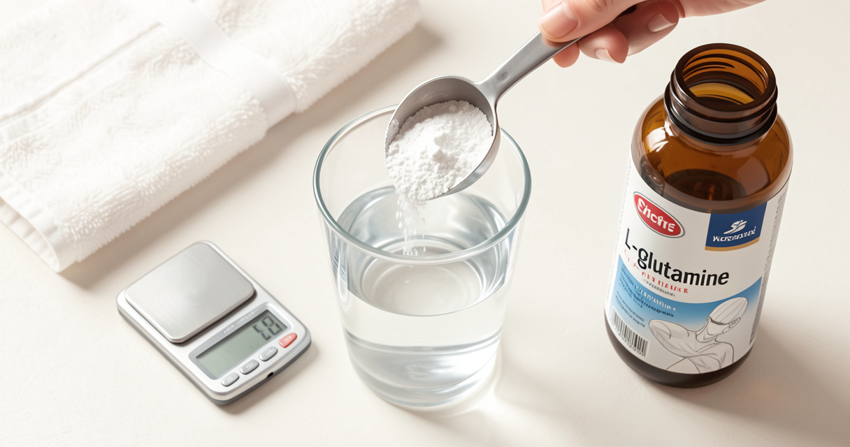 Polvo de glutamina vertiéndose en un vaso de agua, suplementación deportiva matutina