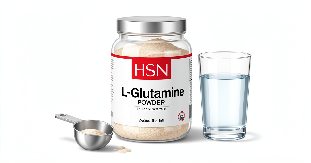 Frasco de L-Glutamina en polvo de HSN con dosificador y vaso de agua