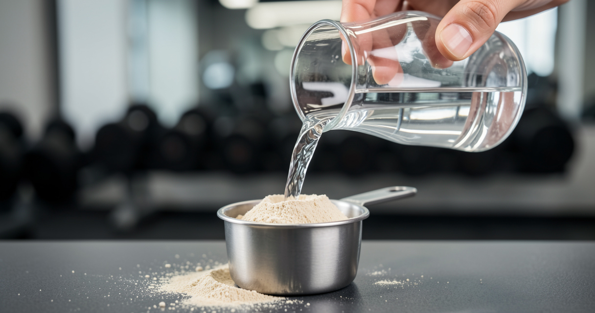 Glutamina y BCAA Amix en polvo mezclándose en vaso con agua, recuperación post-entrenamiento