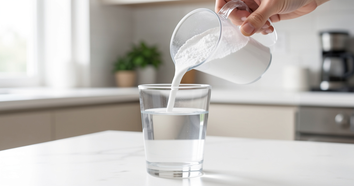 Bote y cuchara de L-glutamina en polvo vertiéndose en un vaso de agua, suplemento para recuperación muscular.