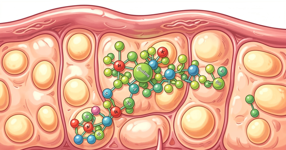 Ilustración de moléculas de L-glutamina fortaleciendo la barrera intestinal, salud digestiva.
