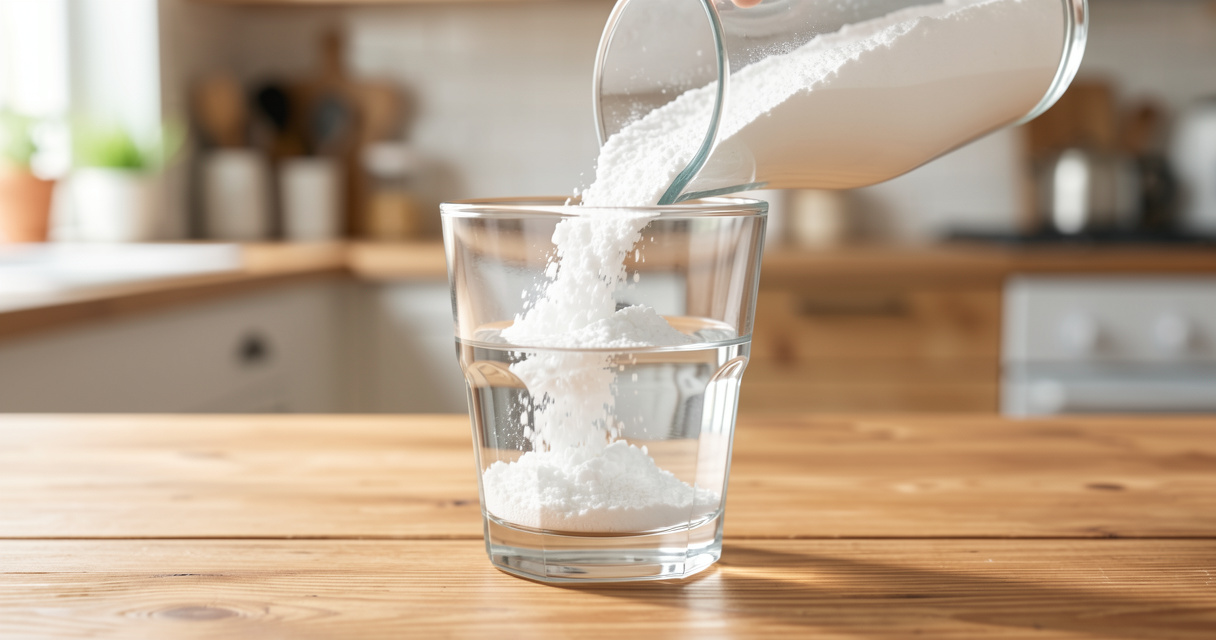 Suplemento de L-glutamina en polvo vertiéndose en un vaso de agua