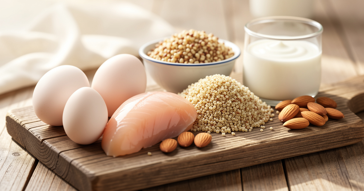 Alimentos ricos en glutamina como huevos, pollo y quinoa sobre tabla de madera