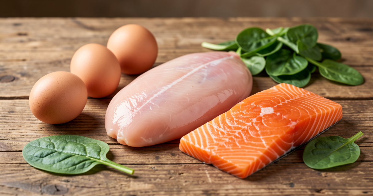 Alimentos ricos en glutamina de origen animal: pollo, huevos, salmón y espinacas en mesa de madera