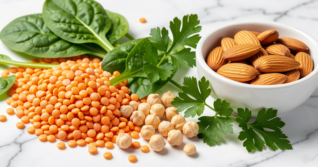 Fuentes vegetales de glutamina para dieta vegana: lentejas, garbanzos, espinacas, perejil y almendras