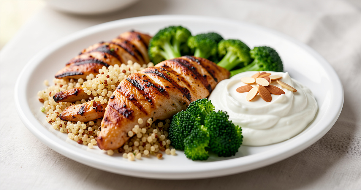 Plato con pollo a la parrilla, quinoa, brócoli y yogur griego con almendras, alimentos ricos en glutamina