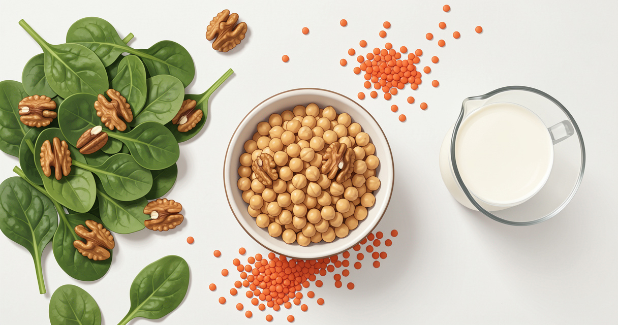 Ingredientes vegetales ricos en glutamina: espinacas, nueces, garbanzos, lentejas y leche