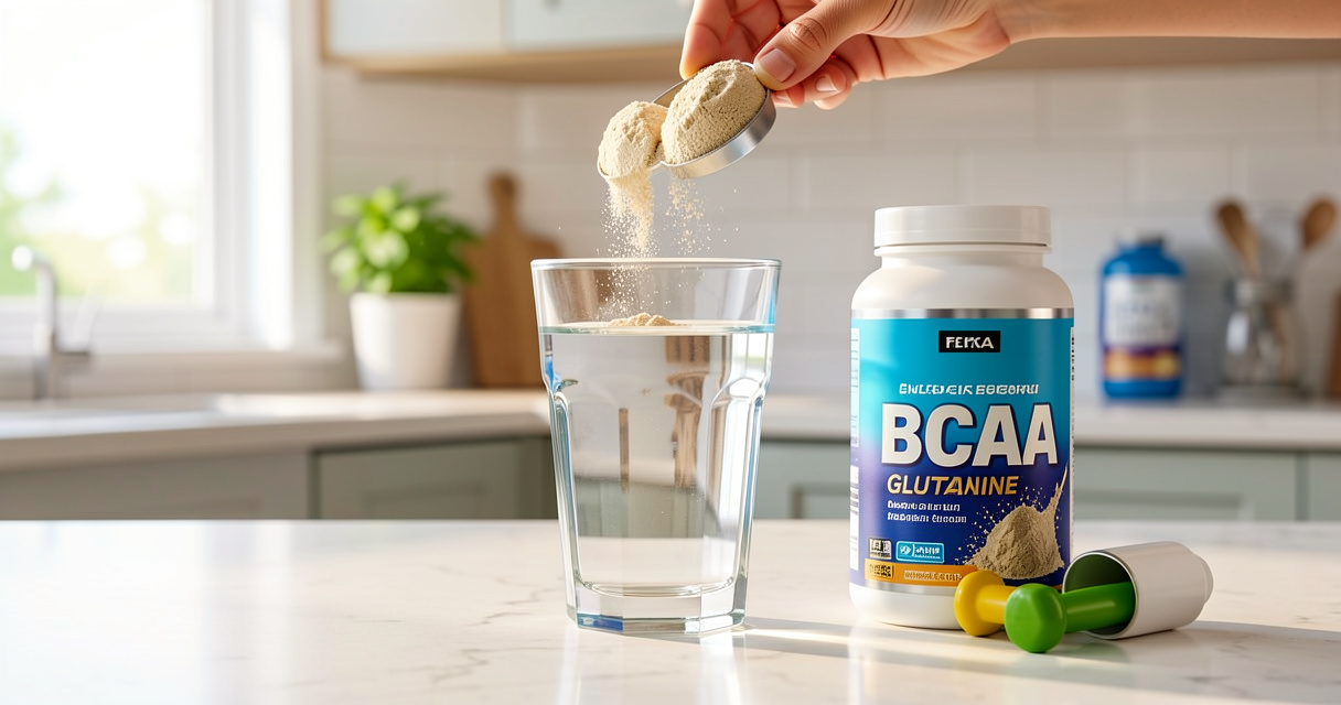 Hombre preparando suplementos de BCAA y glutamina en un vaso de agua antes del entrenamiento