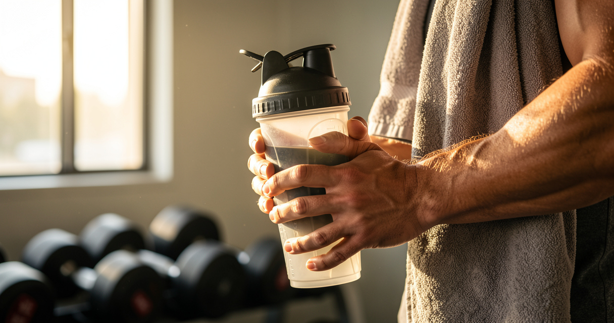 Deportista sujetando un batido de BCAA y glutamina en el gimnasio, con pesas al fondo