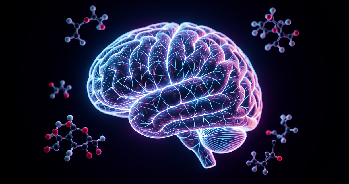 Ilustración médica de glutamina actuando en el cerebro con moléculas y redes neuronales