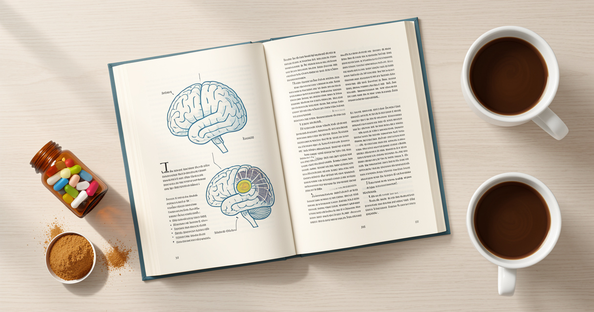 Suplemento de glutamina y libro de neurociencia sobre mesa, concepto de memoria y concentración