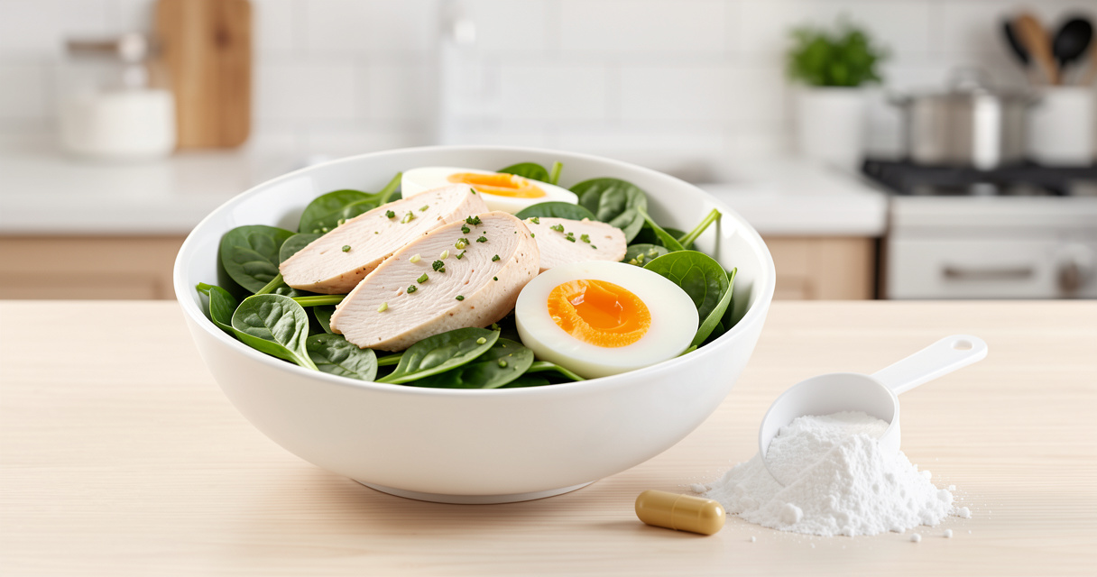 Alimentos ricos en glutamina junto a suplemento en polvo y cápsulas, opciones para la salud intestinal