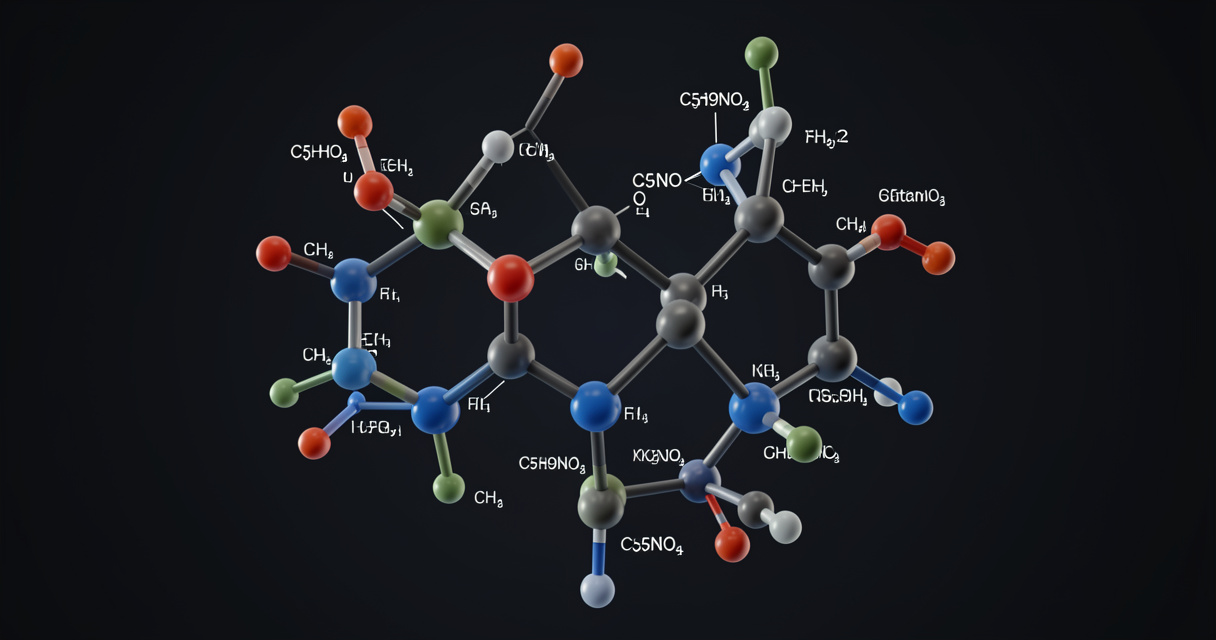 Estructura molecular del ácido glutámico, aminoácido clave para la neurotransmisión
