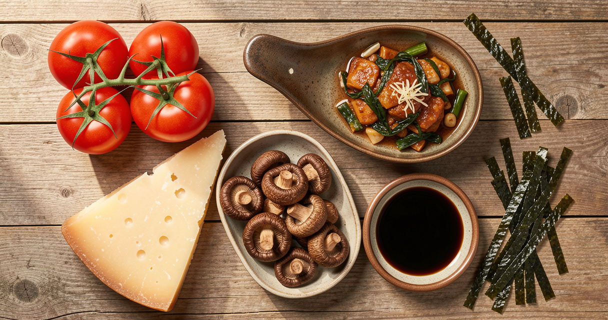 Alimentos ricos en ácido glutámico como tomates queso parmesano y setas umami