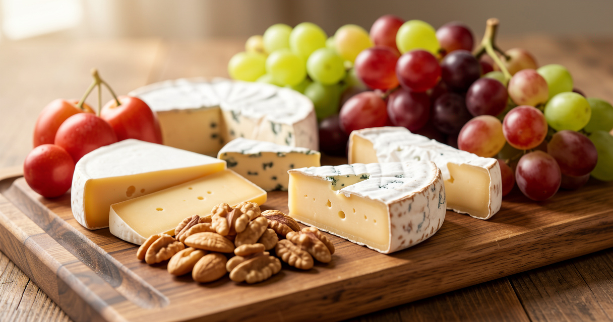 Variedad de quesos ricos en glutamina, tabla de quesos con frutos secos y uvas