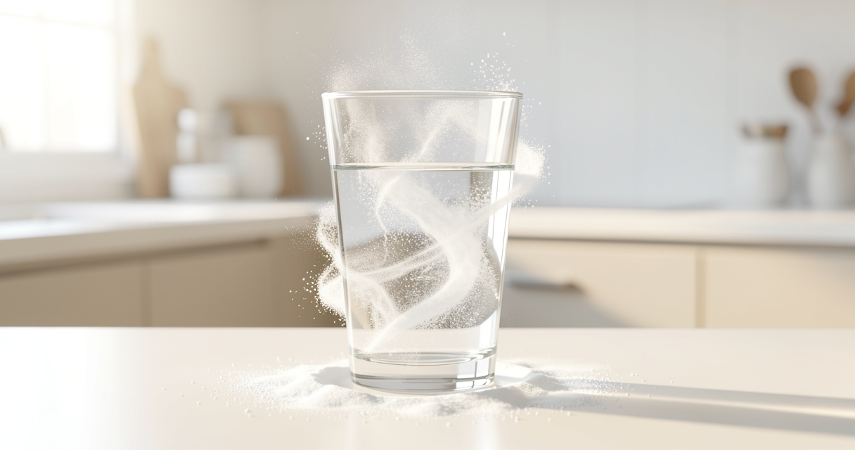 Vaso con agua y glutamina en polvo en la encimera de la cocina por la mañana
