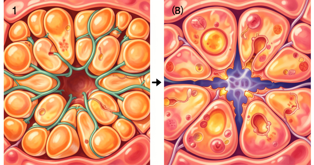 Comparación microscópica entre un intestino sano con uniones estrechas intactas y un intestino permeable con separación 